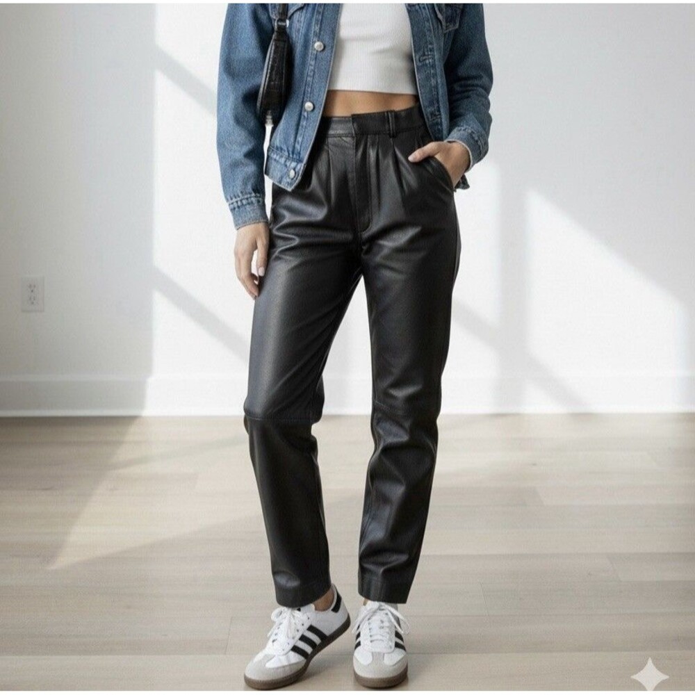 Vtg High Waisted Leather Pants Sz 6 Pleated Mob Wife Luxe Power Trousers 90s Y2K